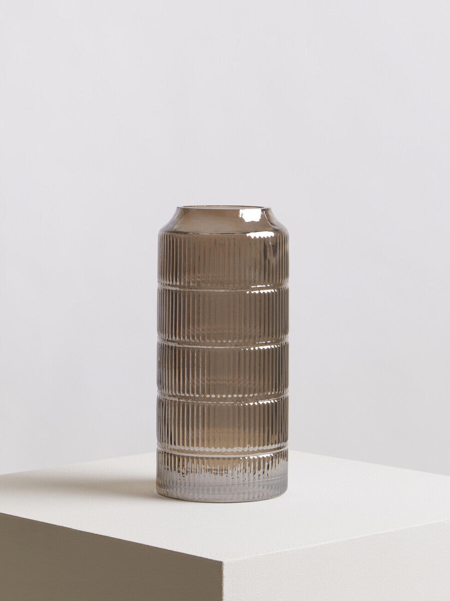 Orsina Obskur Large Grey Glass Vase – Ribbed Corrugated Drum Design