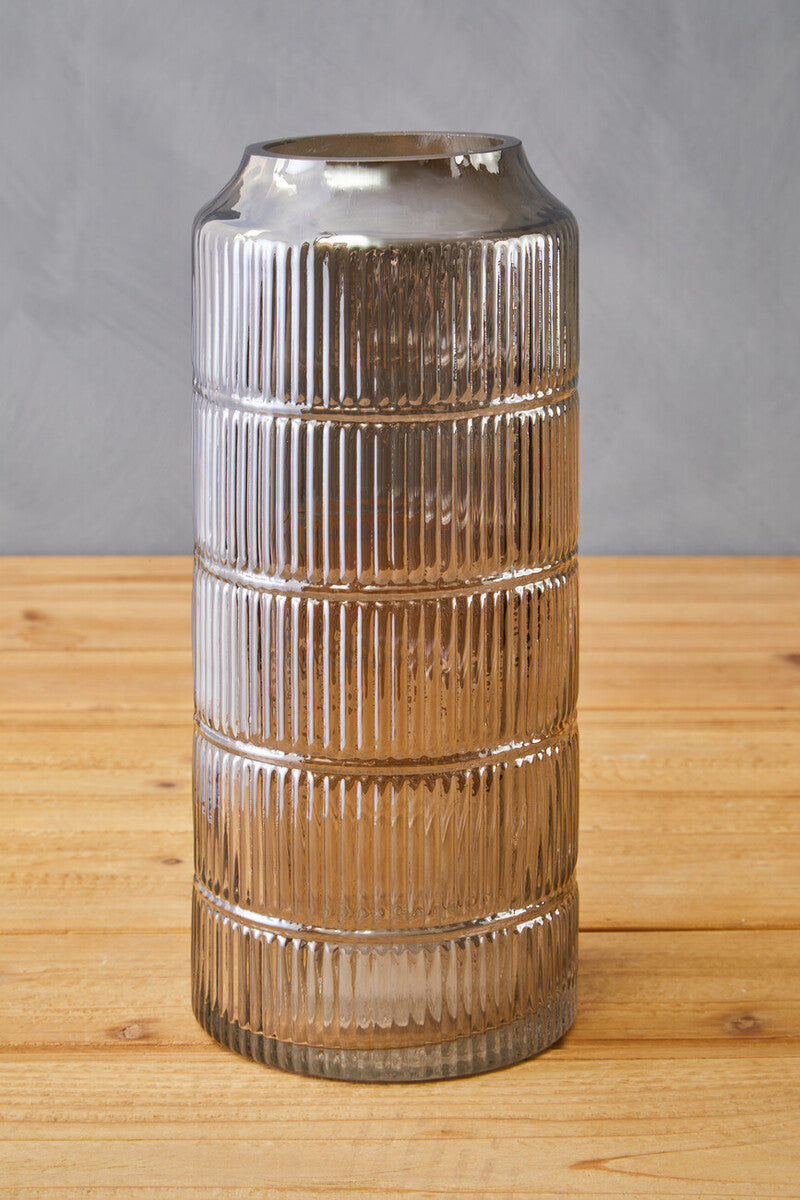 Orsina Obskur Large Grey Glass Vase – Ribbed Corrugated Drum Design