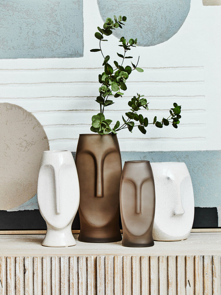 Orsina Viso Large Face Design Glass Vase – Smoked Grey Gold Tint