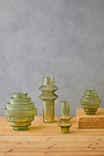 Orsina Benka Small Green Ribbed Glass Vase – Modern Sculptural Decor