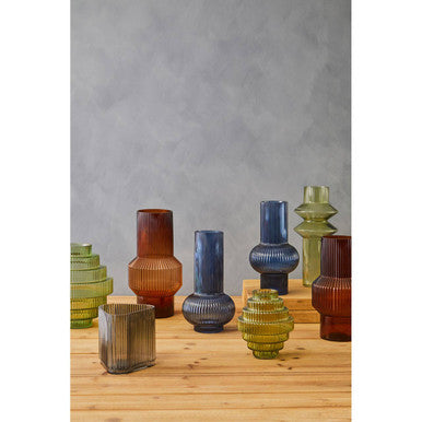 Orsina Benka Large Grey Glass Vase – Ribbed Geometric Sculptural Decor