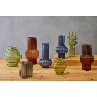 Orsina Benka Large Grey Glass Vase – Ribbed Geometric Sculptural Decor