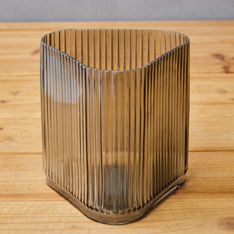 Orsina Benka Large Grey Glass Vase – Ribbed Geometric Sculptural Decor