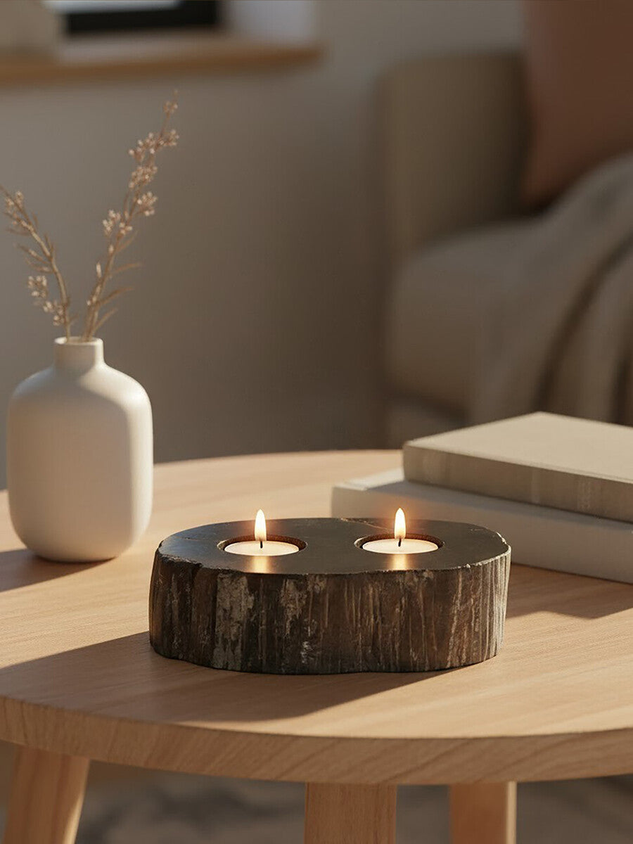 Orsina Relic Petrified Wood 2-Tealight Holder – Black Sculptural Decor