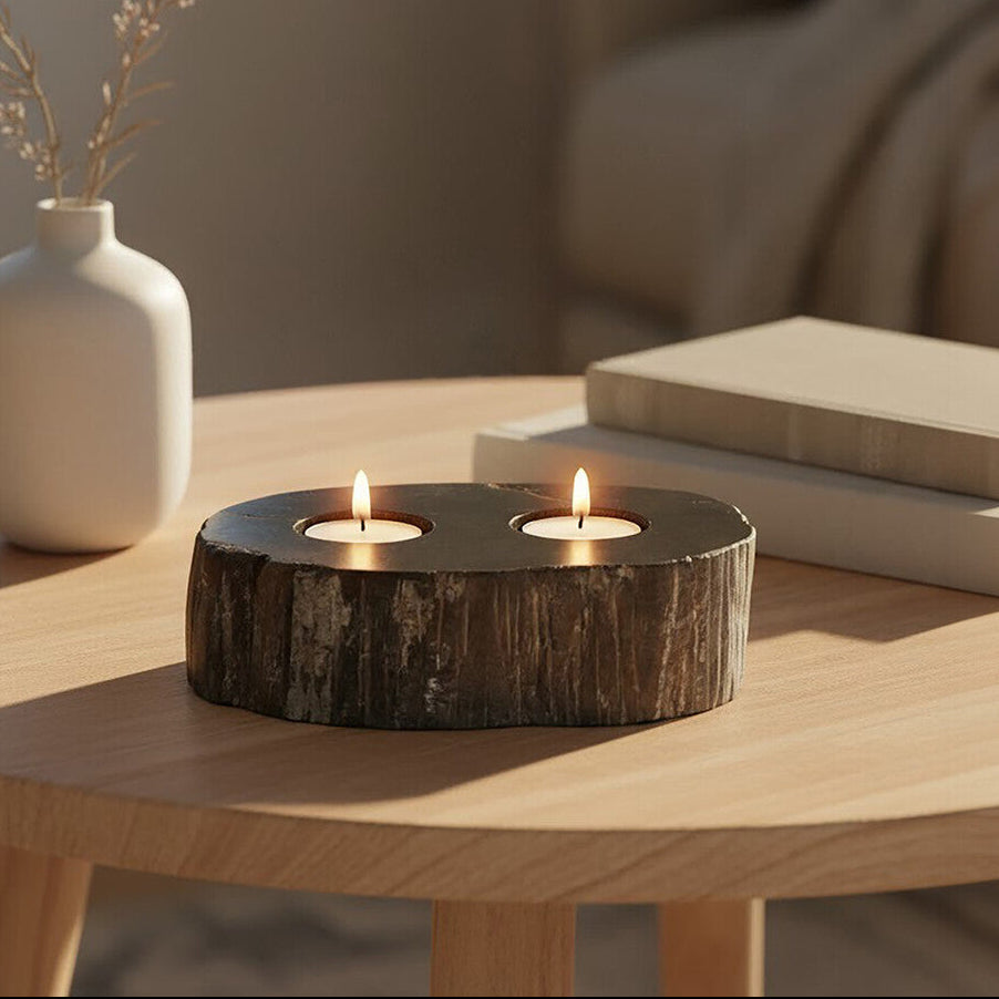 Orsina Relic Petrified Wood 2-Tealight Holder – Black Sculptural Decor