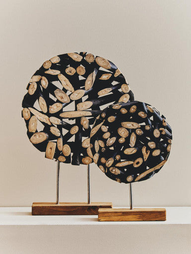 Orsina Seraya Small Round Teak Wood Sculpture – Black and Natural