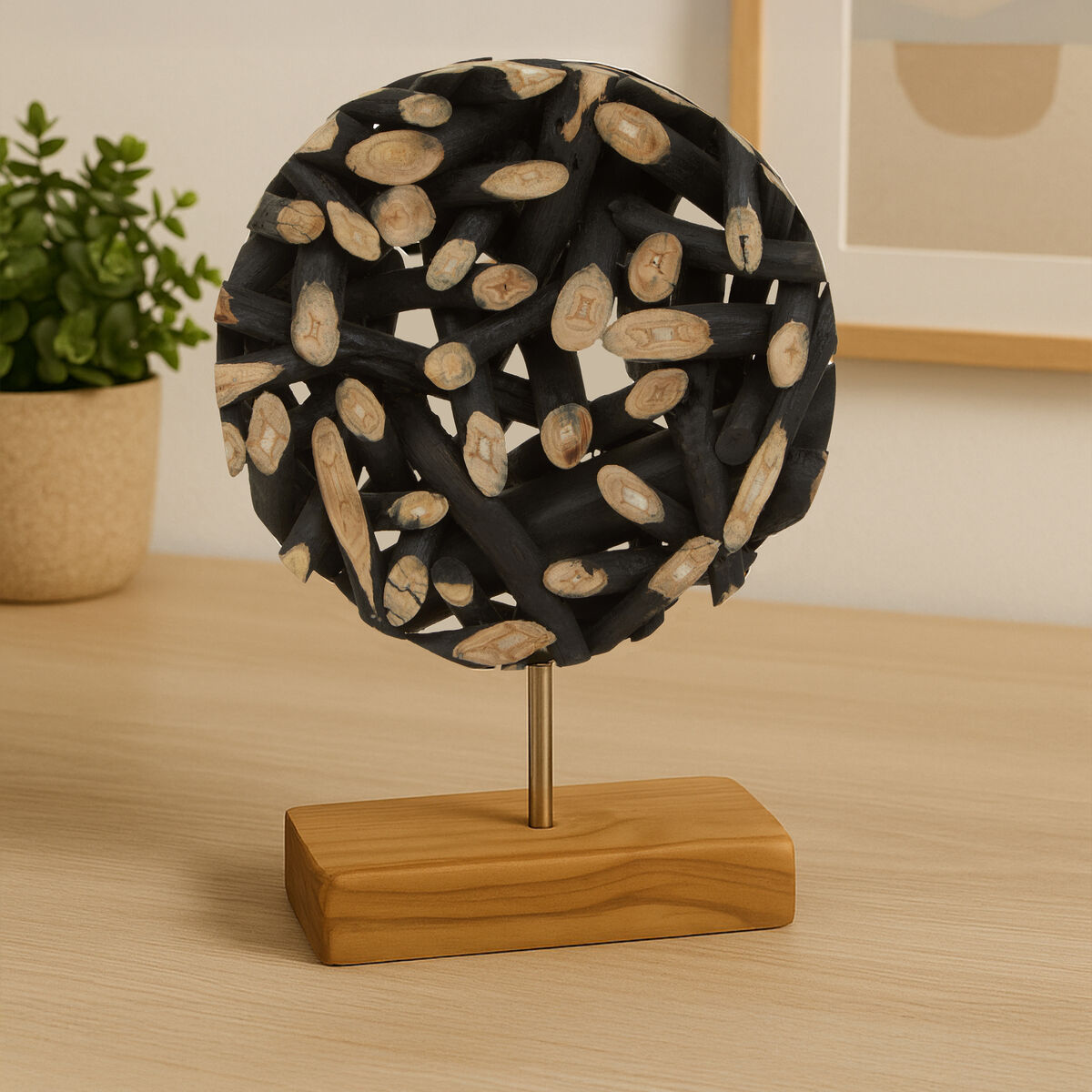 Orsina Seraya Small Round Teak Wood Sculpture – Black and Natural