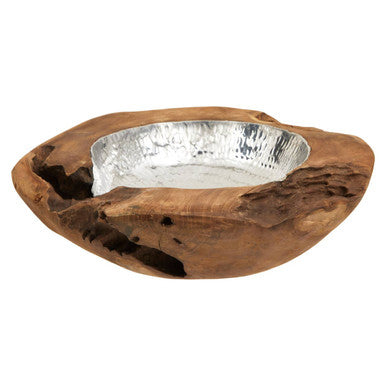 Orsina Seraya Teak Wood Bowl with Hammered Aluminium Inlay