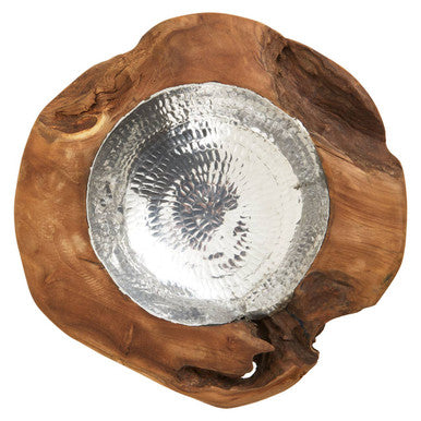 Orsina Seraya Teak Wood Bowl with Hammered Aluminium Inlay