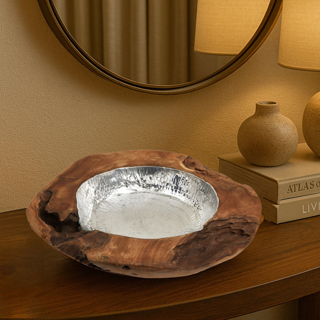 Orsina Seraya Teak Wood Bowl with Hammered Aluminium Inlay