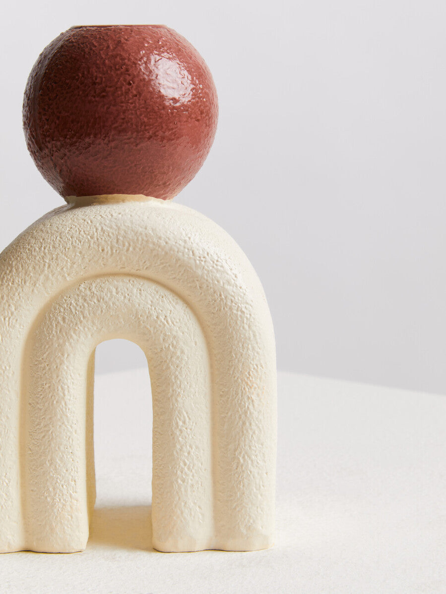 Orsina Utica Stone Candle Holder – Cream Arch with Red Sphere Accent