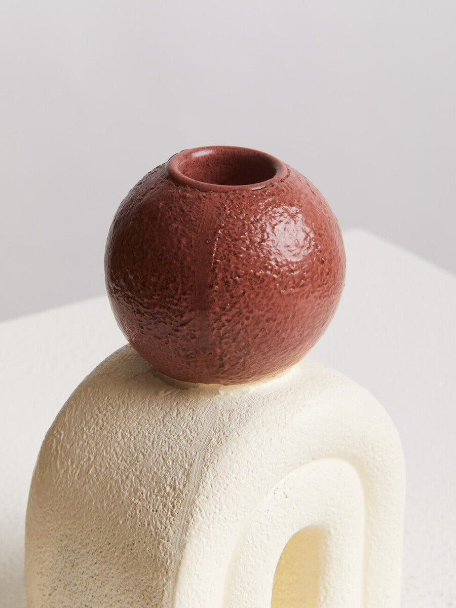 Orsina Utica Stone Candle Holder – Cream Arch with Red Sphere Accent