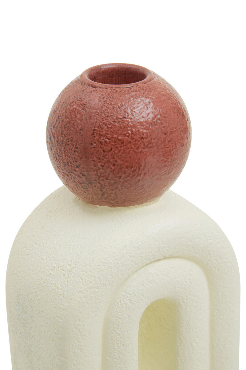 Orsina Utica Stone Candle Holder – Cream Arch with Red Sphere Accent