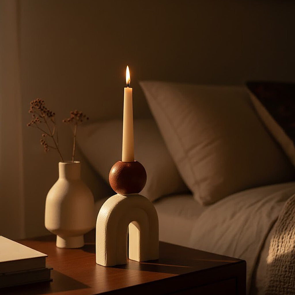 Orsina Utica Stone Candle Holder – Cream Arch with Red Sphere Accent
