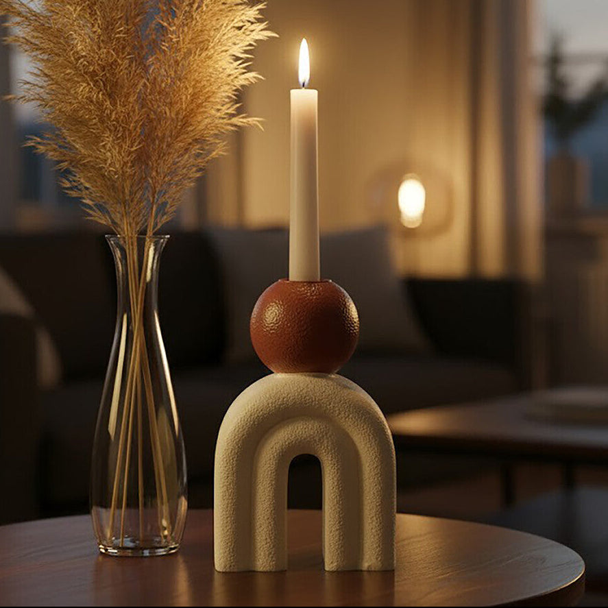 Orsina Utica Stone Candle Holder – Cream Arch with Red Sphere Accent