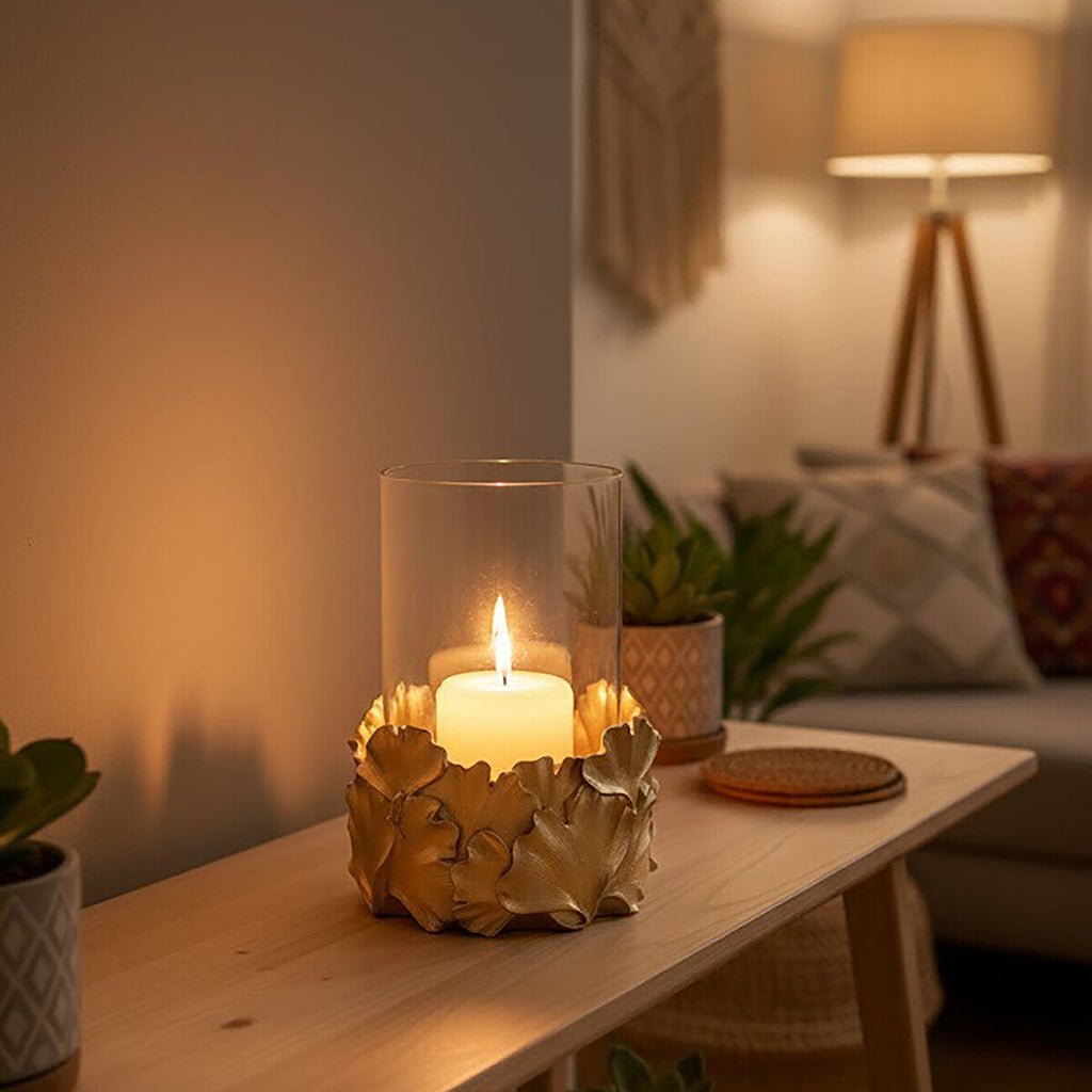 Orsina Gold Ginkgo Leaf Candle Holder | Boho Botanical Pillar Stand