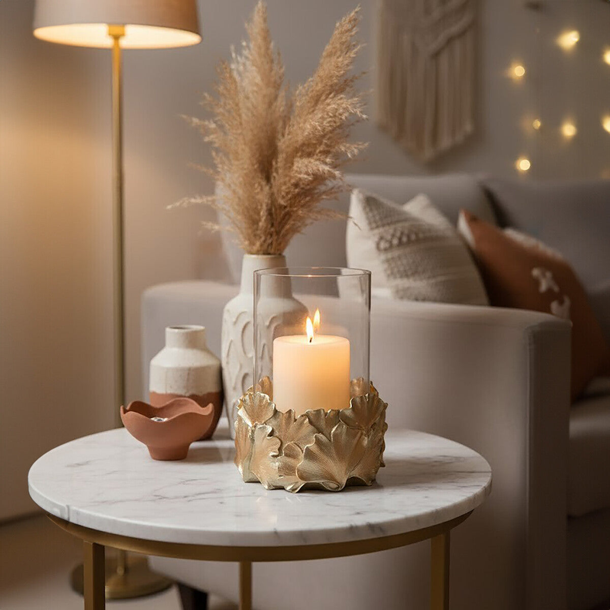 Orsina Gold Ginkgo Leaf Candle Holder | Boho Botanical Pillar Stand