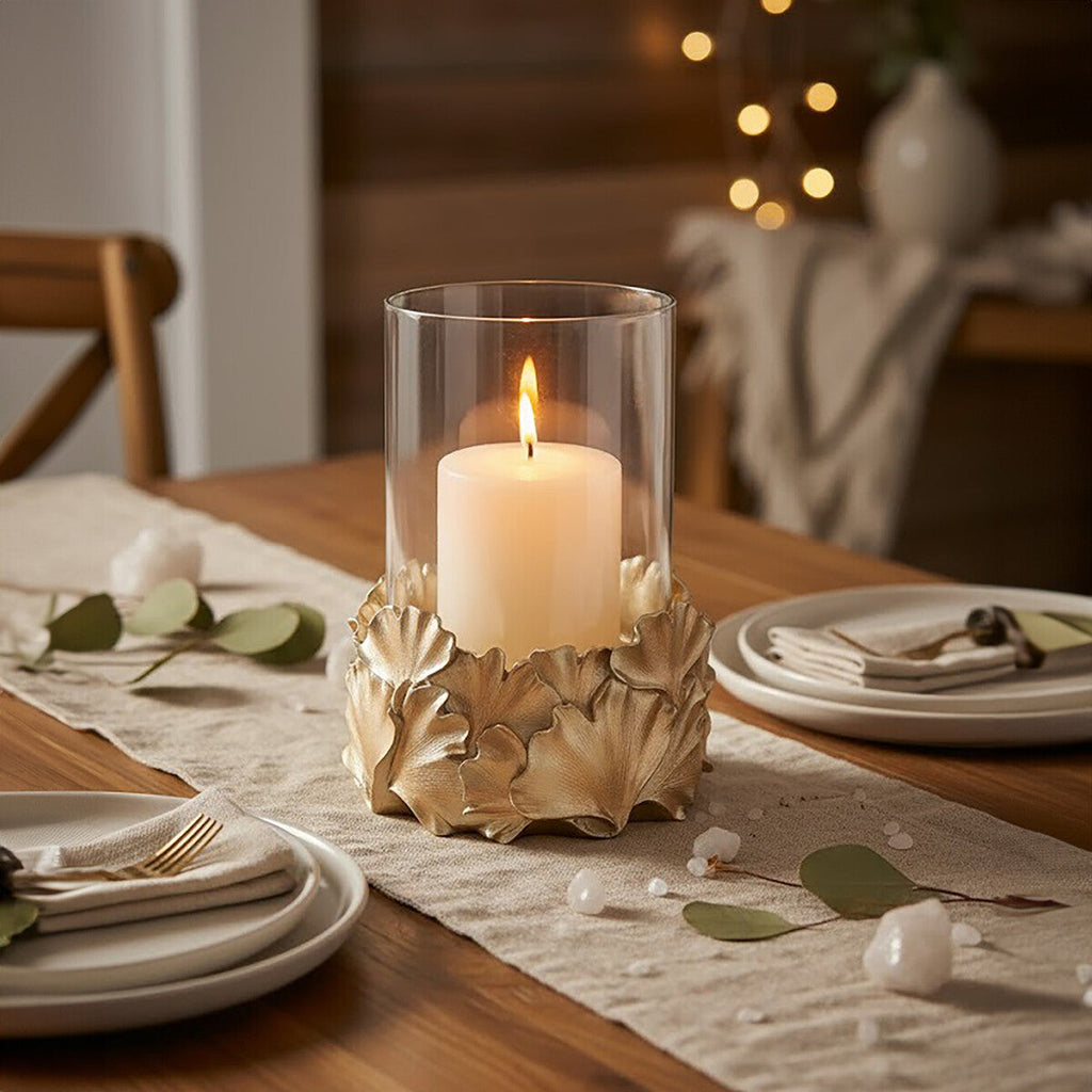 Orsina Gold Ginkgo Leaf Candle Holder | Boho Botanical Pillar Stand