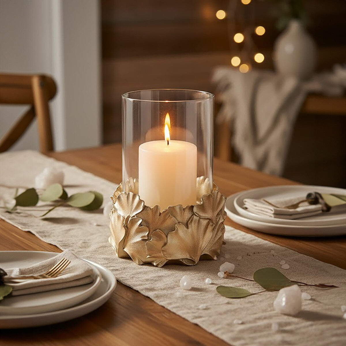 Orsina Gold Ginkgo Leaf Candle Holder | Boho Botanical Pillar Stand