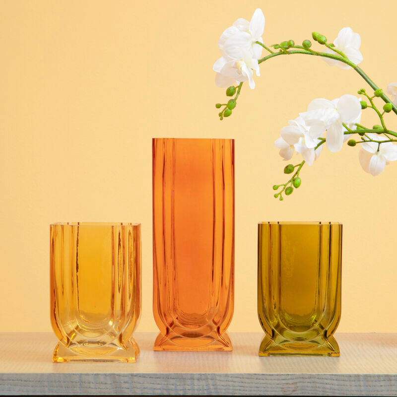 Orsina Edan Small Ochre Yellow Glass Vase with Linear Texture