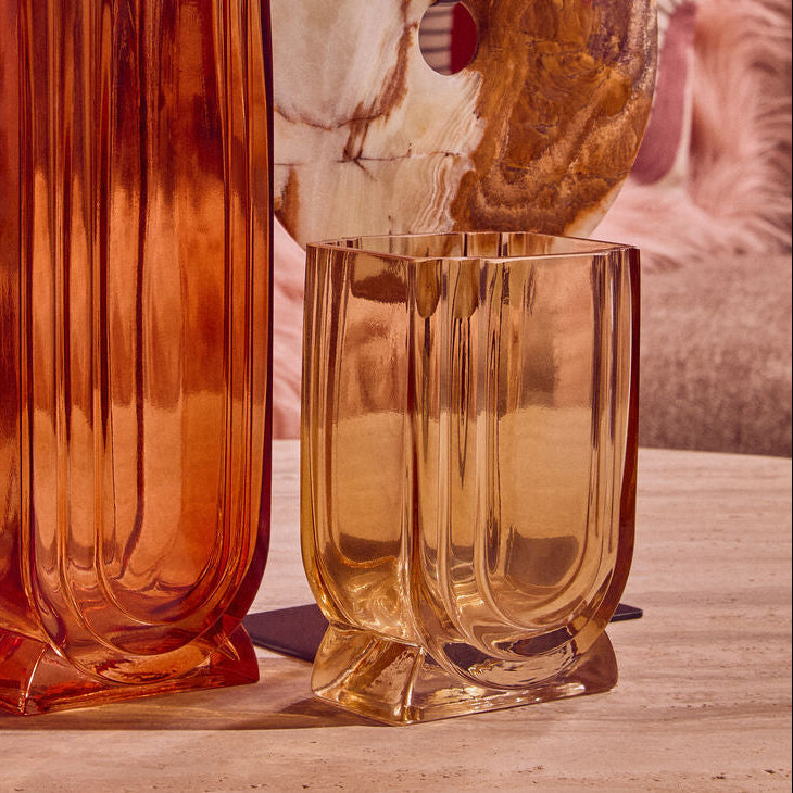 Orsina Edan Small Ochre Yellow Glass Vase with Linear Texture