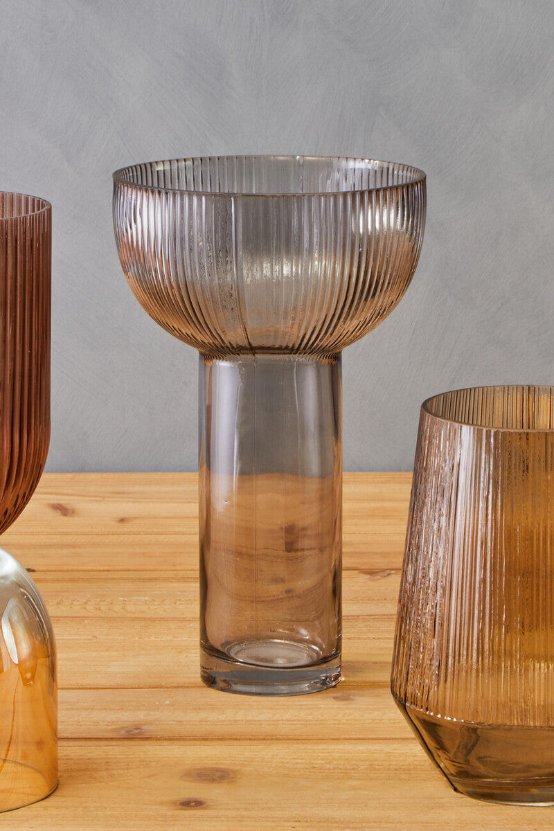 Orsina Esma Large Grey Glass Vase – Fluted Base Contemporary Decor