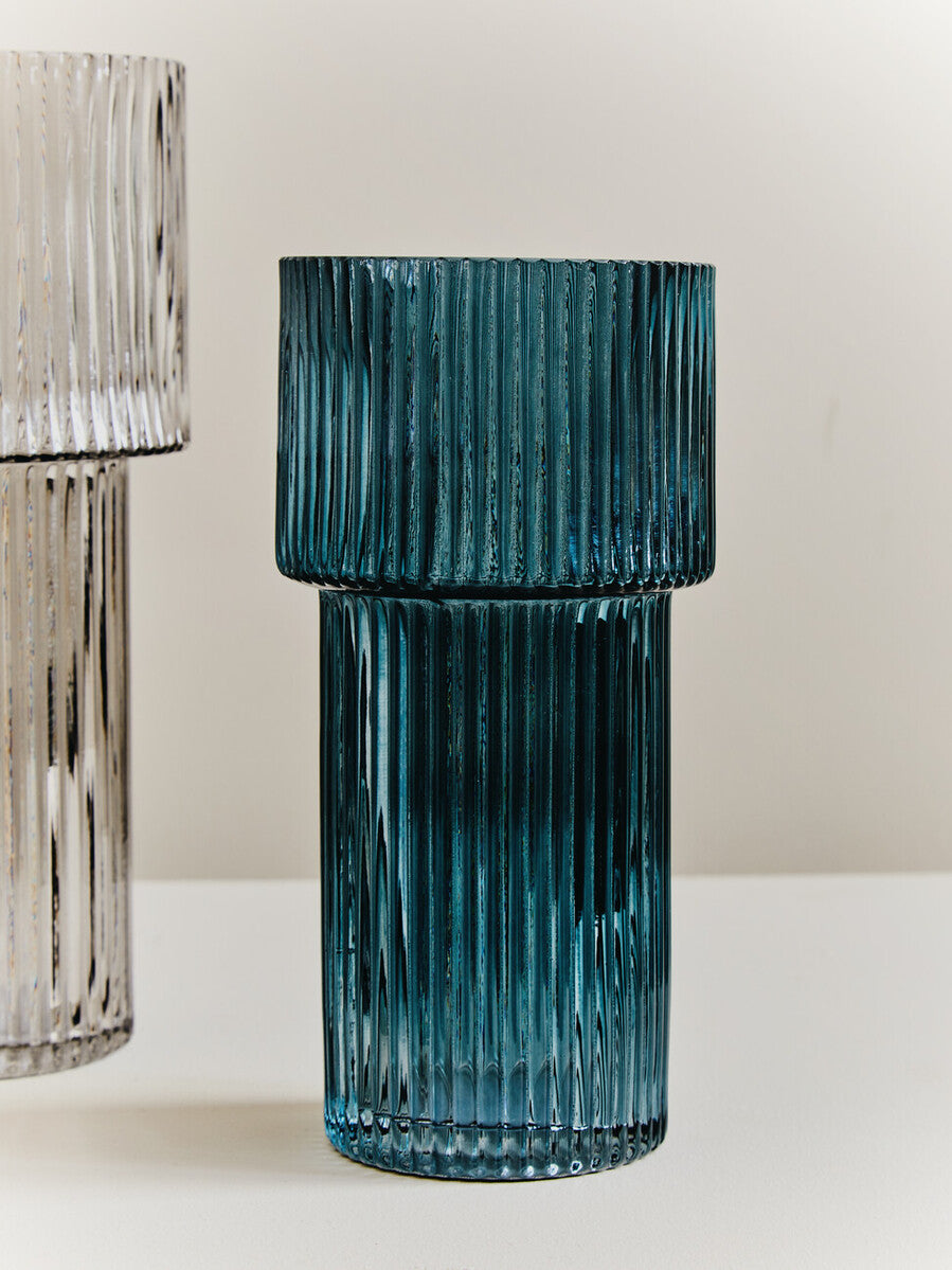 Orsina Esma Small Blue Glass Vase – Ribbed Contemporary Flower Vase