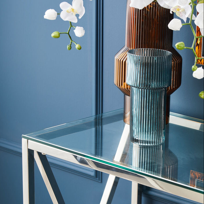 Orsina Esma Small Blue Glass Vase – Ribbed Contemporary Flower Vase
