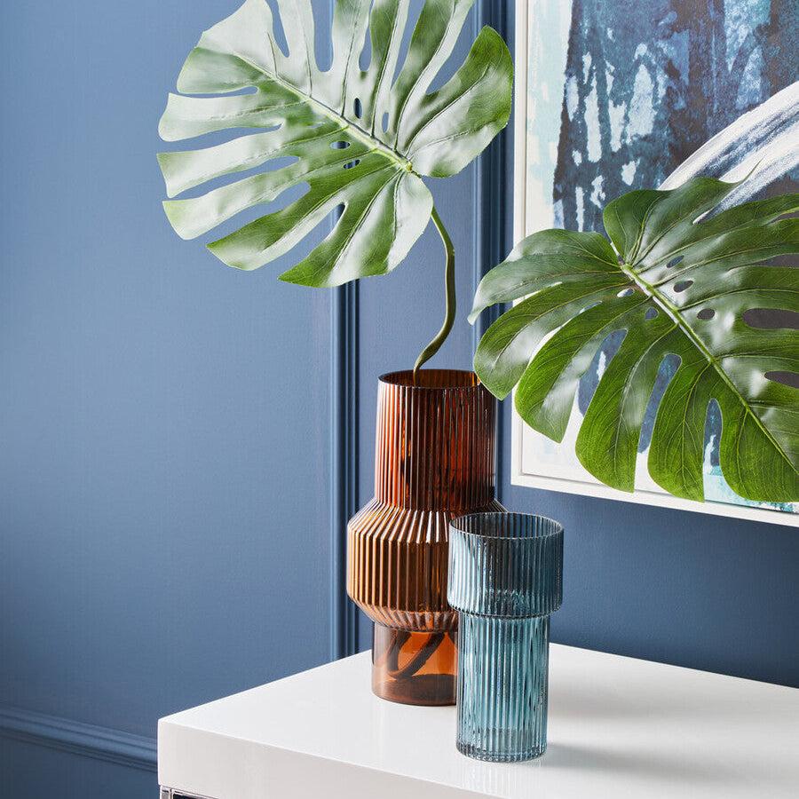 Orsina Esma Small Blue Glass Vase – Ribbed Contemporary Flower Vase