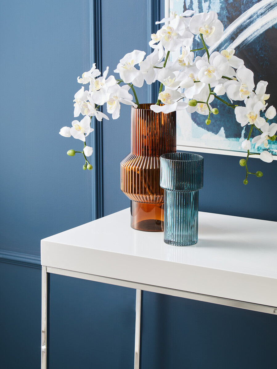 Orsina Esma Small Blue Glass Vase – Ribbed Contemporary Flower Vase