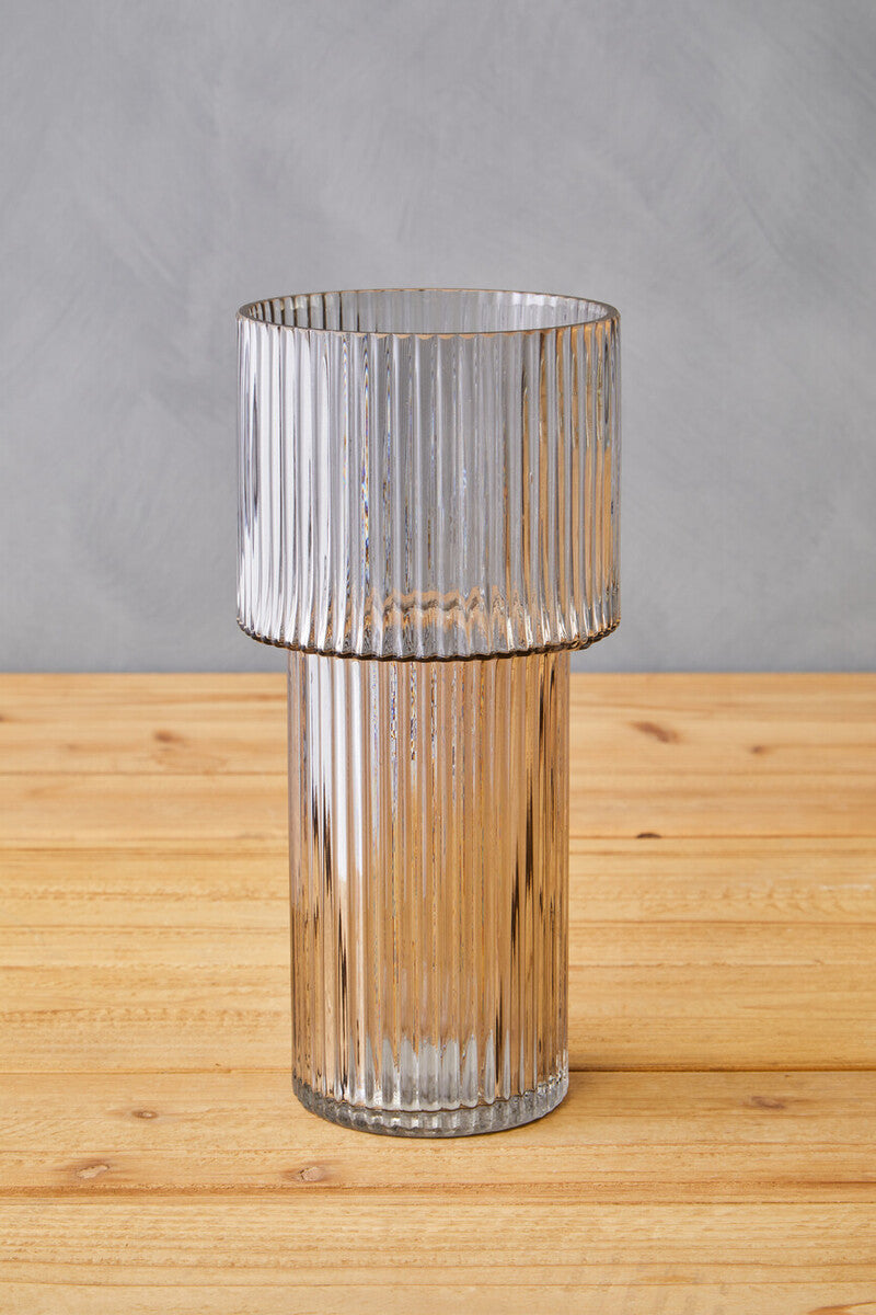 Orsina Esma Large Ribbed Grey Glass Vase – Tall Architectural Decor