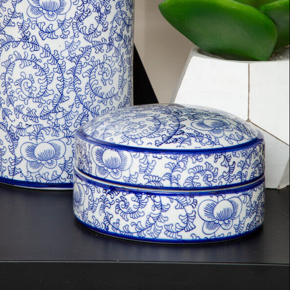 Orsina Calix Blue and White Floral Ceramic Trinket Box with Lid