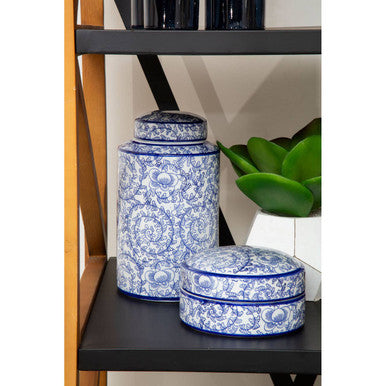 Orsina Calix Small Ceramic Jar – Blue and White Floral Storage Decor