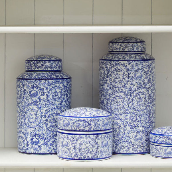Orsina Calix Small Ceramic Jar – Blue and White Floral Storage Decor