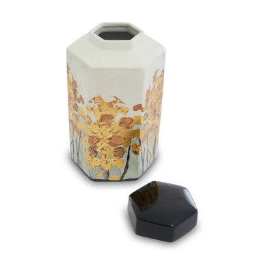 Orsina Mera Small Hexagonal Ceramic Jar with Gold Accents and Lid