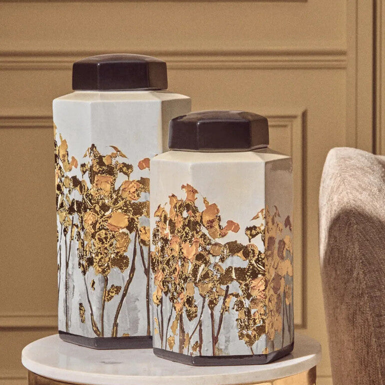 Orsina Mera Small Hexagonal Ceramic Jar with Gold Accents and Lid