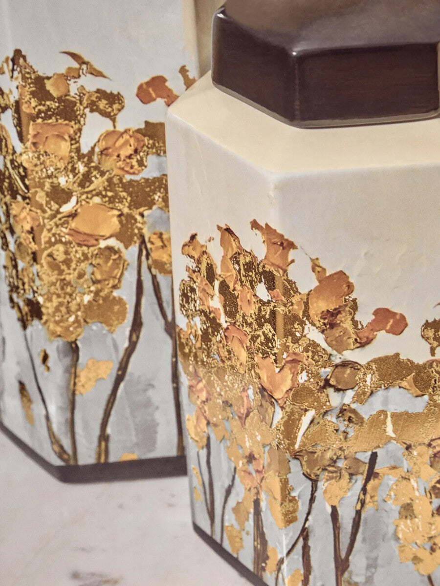 Orsina Mera Small Hexagonal Ceramic Jar with Gold Accents and Lid