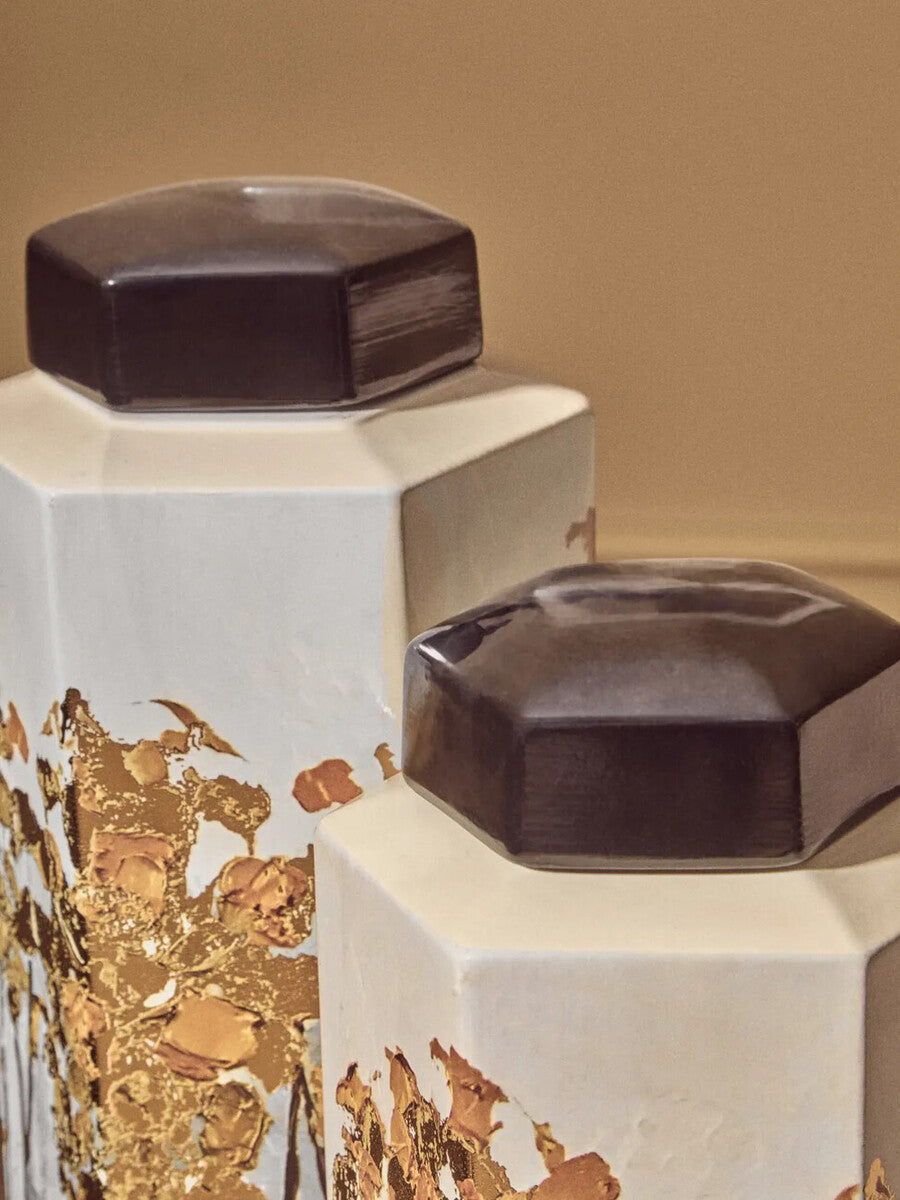 Orsina Mera Small Hexagonal Ceramic Jar with Gold Accents and Lid