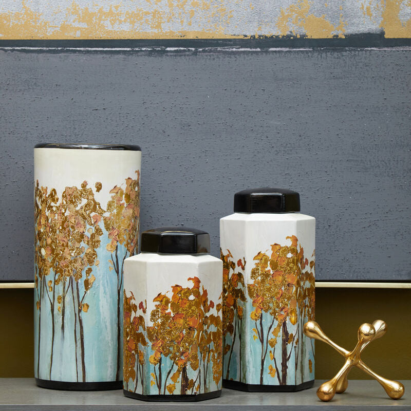 Orsina Mera Large Hexagonal Ceramic Jar | Black and Gold Oriental Decor