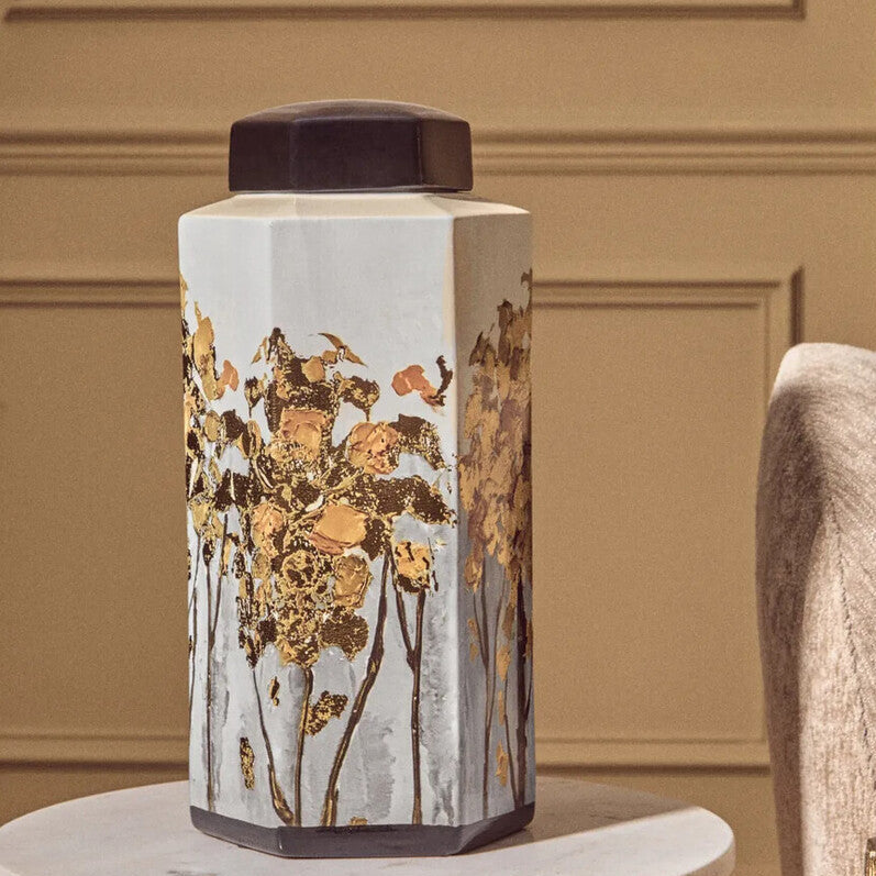 Orsina Mera Large Hexagonal Ceramic Jar | Black and Gold Oriental Decor