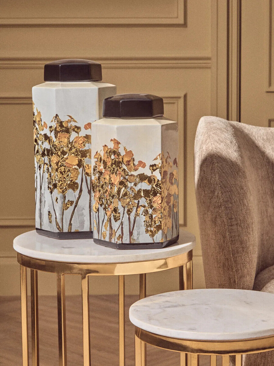 Orsina Mera Large Hexagonal Ceramic Jar | Black and Gold Oriental Decor