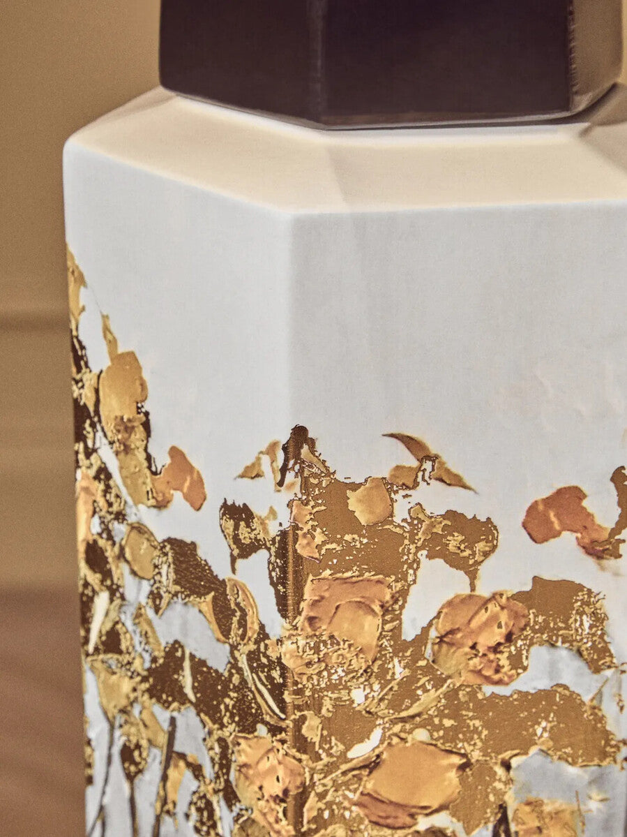 Orsina Mera Large Hexagonal Ceramic Jar | Black and Gold Oriental Decor