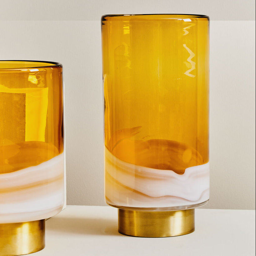 Orsina Cleo Large Amber Glass Vase with Brass Base – Modern Centerpiece