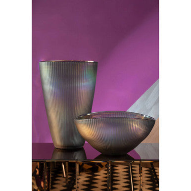 Orsina Hessa Grey Glass Bowl – Iridescent Blue Interior Centerpiece