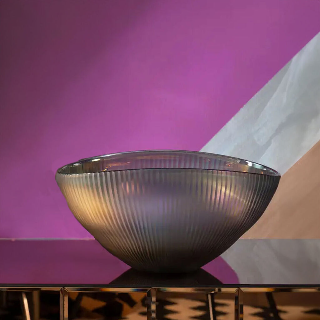 Orsina Hessa Grey Glass Bowl – Iridescent Blue Interior Centerpiece