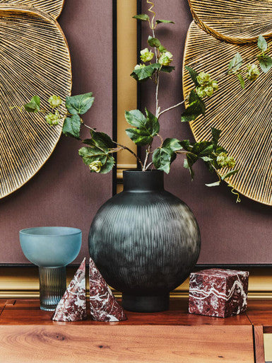 Orsina Hessa Large Grey Glass Vase – Textured Carved Modern Decor