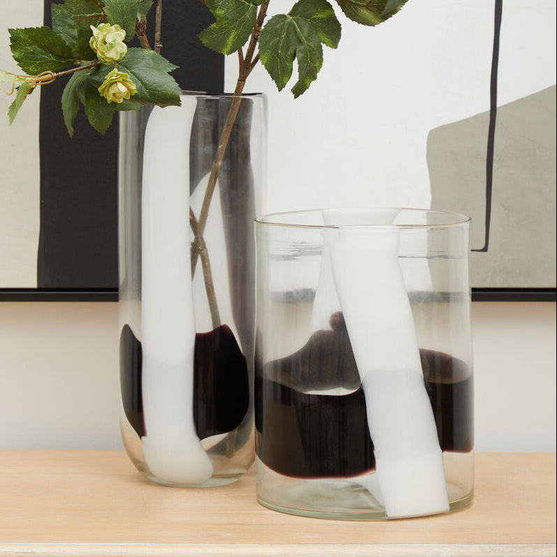 Orsina Hania Large Glass Vase – Abstract Pattern Cylindrical Centerpiece
