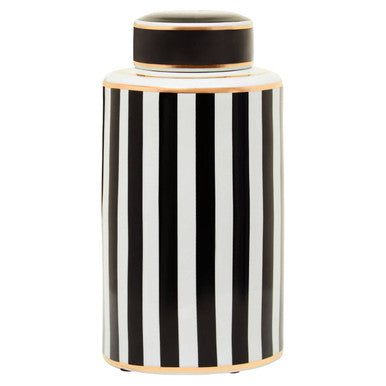 Orsina Doria Large Striped Ceramic Jar | Black and White Lidded Decor