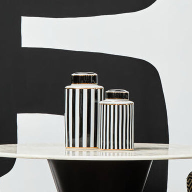 Orsina Doria Large Striped Ceramic Jar | Black and White Lidded Decor
