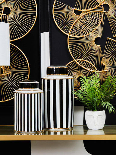 Orsina Doria Large Striped Ceramic Jar | Black and White Lidded Decor